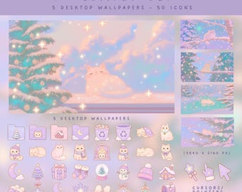 Christmas Cat Desktop Set, Cozy Winter Icons, Pastel Cat Wallpaper (Digital Download)