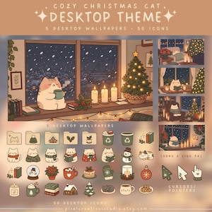 May include: A digital desktop theme set titled COZY CHRISTMAS CAT DESKTOP THEME, featuring 5 wallpapers with a cat in a snowy window scene, 50 icons including cats, holiday items, and plants, plus custom cursors in 3840 x 2160 pixel resolution.