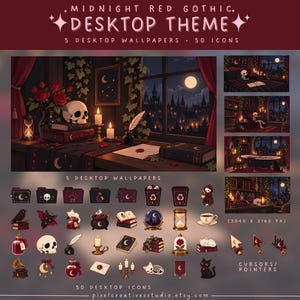 May include: A digital desktop theme set titled Midnight Red Gothic featuring 5 wallpapers and 50 icons. The theme includes illustrations of skulls, roses, candles, books, cats, and gothic architecture in a dark red and black color palette.