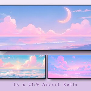 Op de afbeelding: Digitale kunstprint met een serene zeegezicht in pastelkleuren. Het kunstwerk toont een lucht vol roze en witte wolken, een halve maan en een kalme oceaan. De tekst onderaan luidt "In a 21:9 Aspect Ratio."