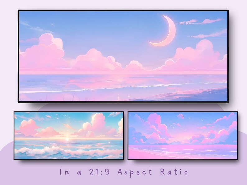 Op de afbeelding: Digitale kunstprint met een serene zeegezicht in pastelkleuren. Het kunstwerk toont een lucht vol roze en witte wolken, een halve maan en een kalme oceaan. De tekst onderaan luidt "In a 21:9 Aspect Ratio."