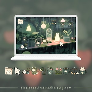 Puede incluir: Un port&aacute;til blanco muestra una ilustraci&oacute;n caprichosa de una escena de jard&iacute;n con tem&aacute;tica de gatos con luces colgantes, plantas y lluvia. Debajo del port&aacute;til hay iconos a juego de una carpeta, cursor, gato, planta, gato con capucha, l&aacute;mpara, flores y taza.