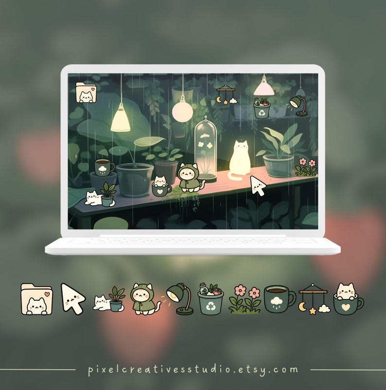 Puede incluir: Un port&aacute;til blanco muestra una ilustraci&oacute;n caprichosa de una escena de jard&iacute;n con tem&aacute;tica de gatos con luces colgantes, plantas y lluvia. Debajo del port&aacute;til hay iconos a juego de una carpeta, cursor, gato, planta, gato con capucha, l&aacute;mpara, flores y taza.