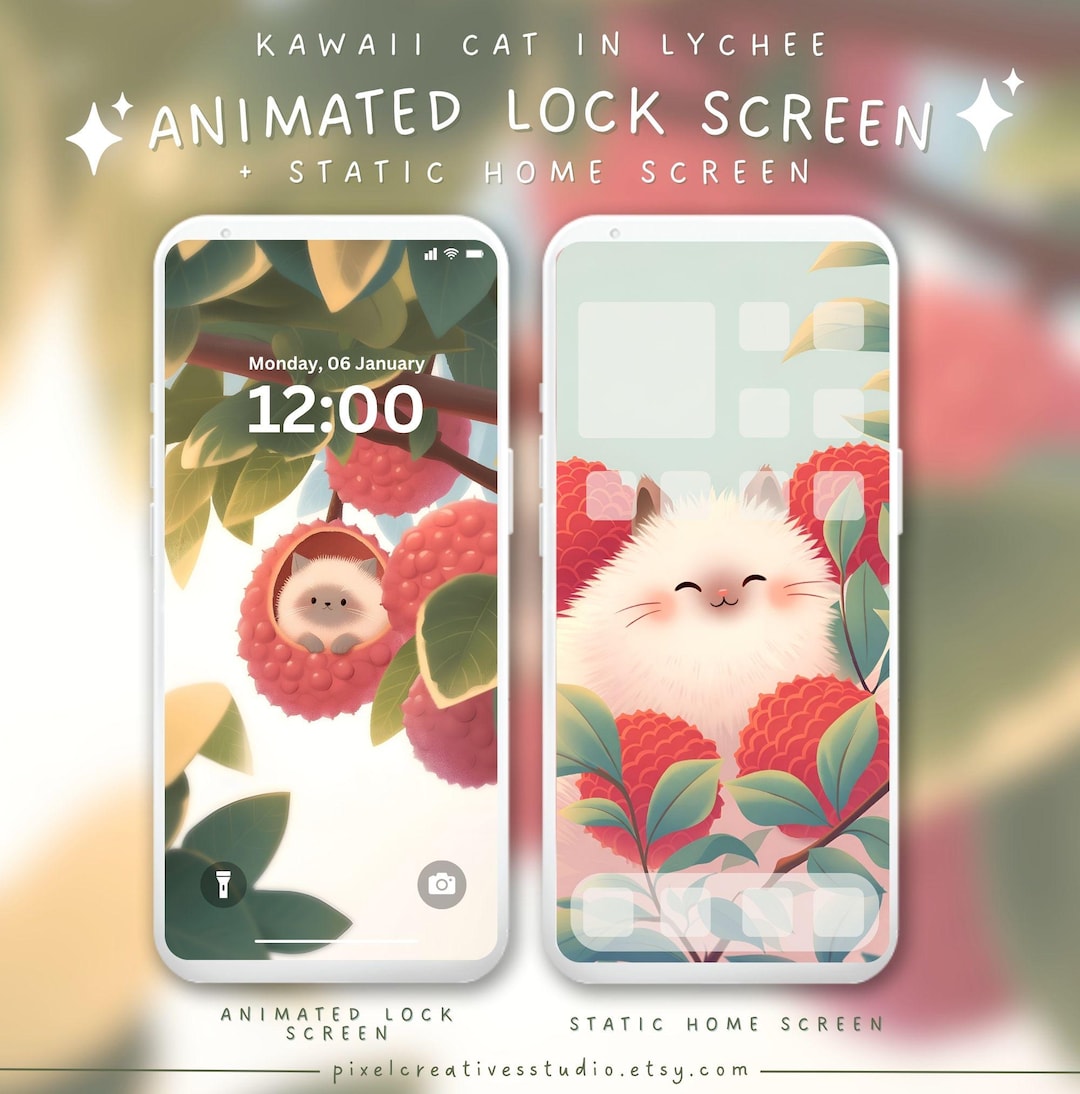 Kawaii Cat in Lychee Animated Lock Screen Cute Cat Aesthetic Phone ...