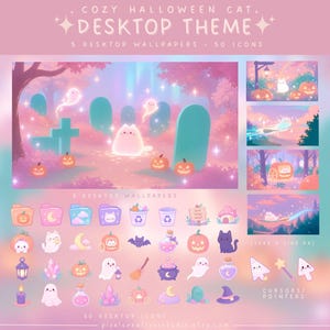 Könnte beinhalten: Ein digitales Desktop-Themenset mit dem Titel Cozy Halloween Cat, bestehend aus 5 Hintergrundbildern und 50 Symbolen. Die Grafiken zeigen pastellfarbene Illustrationen von Geistern, Kürbissen, Katzen, Kristallen und Hexenmotiven in Rosa und Violett.
