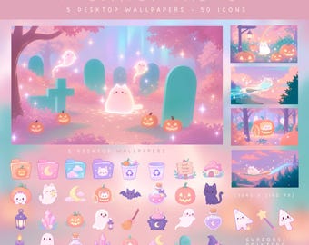 Spooky Cute Pastel Halloween Cat Desktop Theme Halloween Desktop Icons Pack Halloween Wallpaper Mac Icon Windows Icon Fall Desktop Organizer