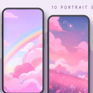 Op de afbeelding: Vier smartphones met pastel landschapskunst. De schermen tonen dromerige sc&egrave;nes van wolken, regenbogen en sterrenhemels in roze, paarse en blauwe tinten. De tekst "10 PORTRAIT SIZE" is zichtbaar bovenaan.