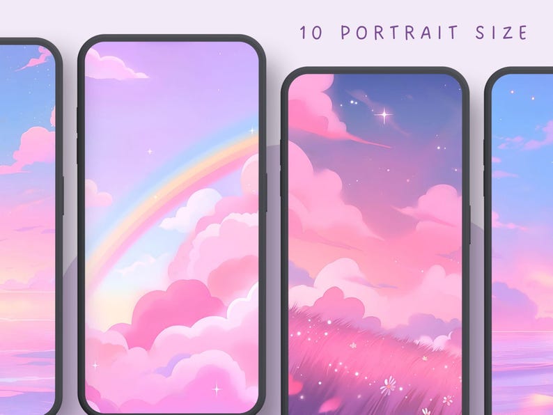 Op de afbeelding: Vier smartphones met pastel landschapskunst. De schermen tonen dromerige sc&egrave;nes van wolken, regenbogen en sterrenhemels in roze, paarse en blauwe tinten. De tekst "10 PORTRAIT SIZE" is zichtbaar bovenaan.