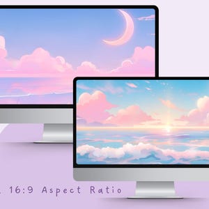 Op de afbeelding: Twee computermonitoren met digitale kunst van een pastelkleurige lucht, oceaan en wolken. E&eacute;n monitor toont een halve maan, de andere een zonsopgang. De tekst onderaan luidt "In a 16:9 Aspect Ratio."
