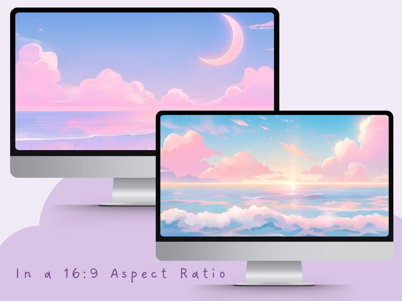 Op de afbeelding: Twee computermonitoren met digitale kunst van een pastelkleurige lucht, oceaan en wolken. E&eacute;n monitor toont een halve maan, de andere een zonsopgang. De tekst onderaan luidt "In a 16:9 Aspect Ratio."