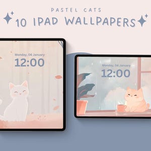 Sfondi per iPad con gatti pastello, sfondi per tablet con gatti kawaii, sfondi accoglienti, sfondi anime, sfondi hygge, sfondi carini, sfondi kawaii alla moda