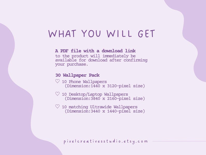 Op de afbeelding: Een lichtpaarse digitale downloadafbeelding met de tekst "WHAT YOU WILL GET" en details over een 30 Wallpaper Pack, inclusief telefoon-, desktop- en ultrawide wallpapers. De afmetingen van elk behangtype worden ook vermeld.