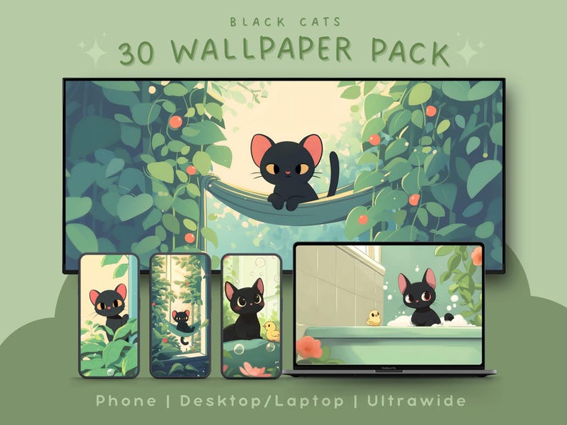 Black Cat Wallpaper Pack Kawaii Cat Wallpaper Set Phone Wallpaper ...