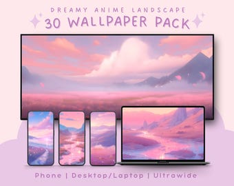 Dreamy anime landscape pastel wallpaper bundle for phone desktop and ultrawide aesthetic backgrounds in soft pink skies and cute scenery