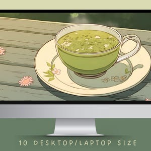 Papier peint vert matcha, papier peint matcha, papier peint chat noir, papier peint tulipe, amoureux du matcha, fond vert clair, esthétique verte image 4