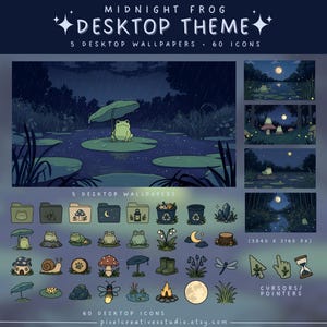 May include: A digital Midnight Frog desktop theme set featuring 5 wallpapers and 60 icons. The graphics display frogs, mushrooms, fireflies, and nature elements in a dark blue night setting. Includes cursor pointers and 3840 x 2160 px resolution.