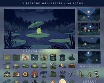 Midnight Frog Desktop Theme Woodland Night Wallpapers Frog Desktop Icon Pack Frog Icons Cottagecore Icons Forest Aesthetic Mushroom Icons