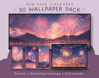 Pacote de papéis de parede de Ano Novo com fogos de artifício, fundos de tela para celular, desktop, laptop e ultrawide. Feliz Ano Novo!