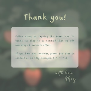 Puede incluir: Gr&aacute;fico digital con un fondo borroso verde y rojo. El texto "Thank you!" est&aacute; en la parte superior, con un mensaje a continuaci&oacute;n que anima a los clientes a seguir la tienda. El mensaje termina con "with love, Marj."