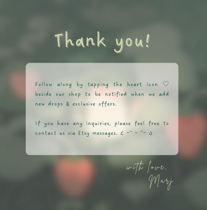 Puede incluir: Gr&aacute;fico digital con un fondo borroso verde y rojo. El texto "Thank you!" est&aacute; en la parte superior, con un mensaje a continuaci&oacute;n que anima a los clientes a seguir la tienda. El mensaje termina con "with love, Marj."