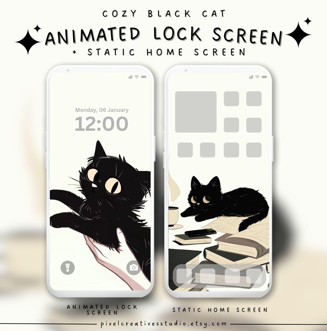 Cozy Black Cat Animated Lock Screen Wallpaper Cute Aesthetic Cat Phone ...