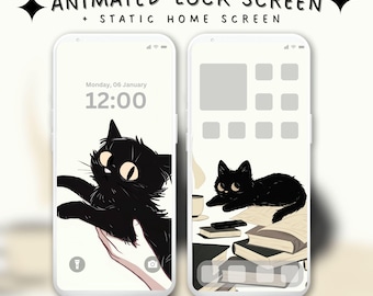 Cozy Black Cat Animated Lock Screen Wallpaper Cute Aesthetic Cat Phone Wallpaper iPhone Android Live Wallpaper Kawaii Cat Home Screen