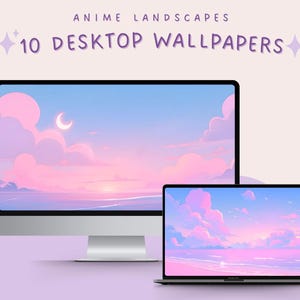 May include: A desktop computer and laptop display anime-style landscape wallpapers. The screens show a pastel sky with pink clouds, a crescent moon, and a body of water. Text at the top reads "ANIME LANDSCAPES" and "10 DESKTOP WALLPAPERS."