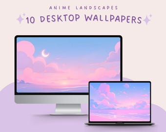 Anime landscape aesthetic computer wallpapers pastel sky cloud backgrounds for mac and pc dreamy sunset and moon scenes for workspaces