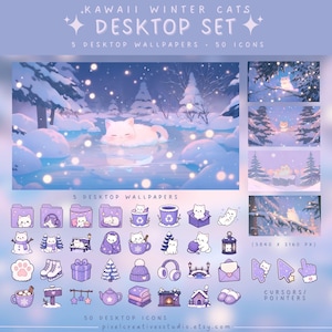 May include: A digital desktop set featuring five winter-themed wallpapers with white cats in snowy landscapes, fifty purple-toned icons including cats, winter gear, and home items, and three cat-themed cursor pointers, all in a 3840 x 2160 px resolution.
