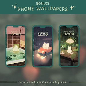Puede incluir: Tres fondos de pantalla para tel&eacute;fono con ilustraciones bonitas. Uno muestra una rana en una ba&ntilde;era, otro un gato en un coche bajo la lluvia, y el &uacute;ltimo un gato bajo una l&aacute;mpara. Cada uno muestra la fecha y la hora. El texto en la parte superior dice "BONUS! PHONE WALLPAPERS".