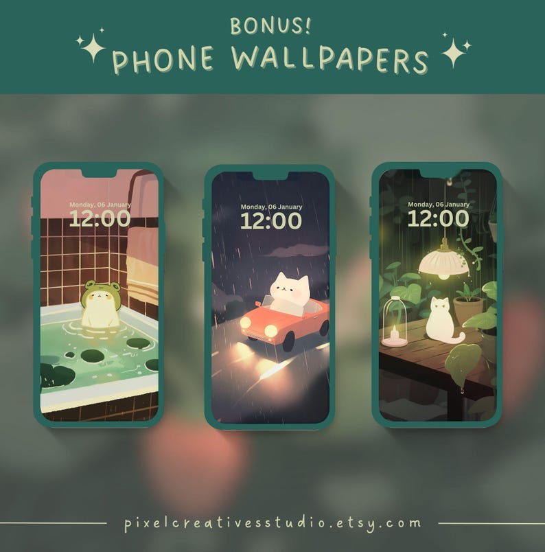 Puede incluir: Tres fondos de pantalla para tel&eacute;fono con ilustraciones bonitas. Uno muestra una rana en una ba&ntilde;era, otro un gato en un coche bajo la lluvia, y el &uacute;ltimo un gato bajo una l&aacute;mpara. Cada uno muestra la fecha y la hora. El texto en la parte superior dice "BONUS! PHONE WALLPAPERS".