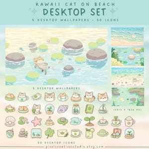 May include: A desktop set featuring a kawaii cat theme. The set includes 5 desktop wallpapers and 50 icons. The wallpapers depict cats on a beach, and the icons feature various cat-themed illustrations and beach elements.