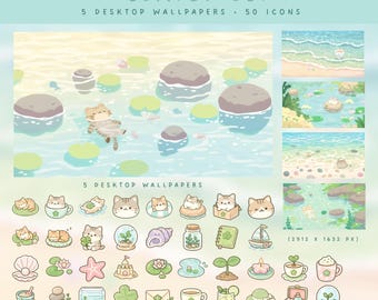 Kawaii Cat On Beach Desktop Icons Set Cute Desktop Icons and Wallpapers Aesthetic Mac and Windows Icons Pack Ocean Theme Desktop Wallpapers