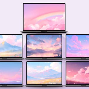 Op de afbeelding: Zeven laptops met digitale kunst van pastelkleurige landschappen. De schermen tonen sc&egrave;nes van bergen, wolken, regenbogen en water in roze, blauwe en paarse tinten. De laptops zijn gerangschikt op een lichtpaarse achtergrond.