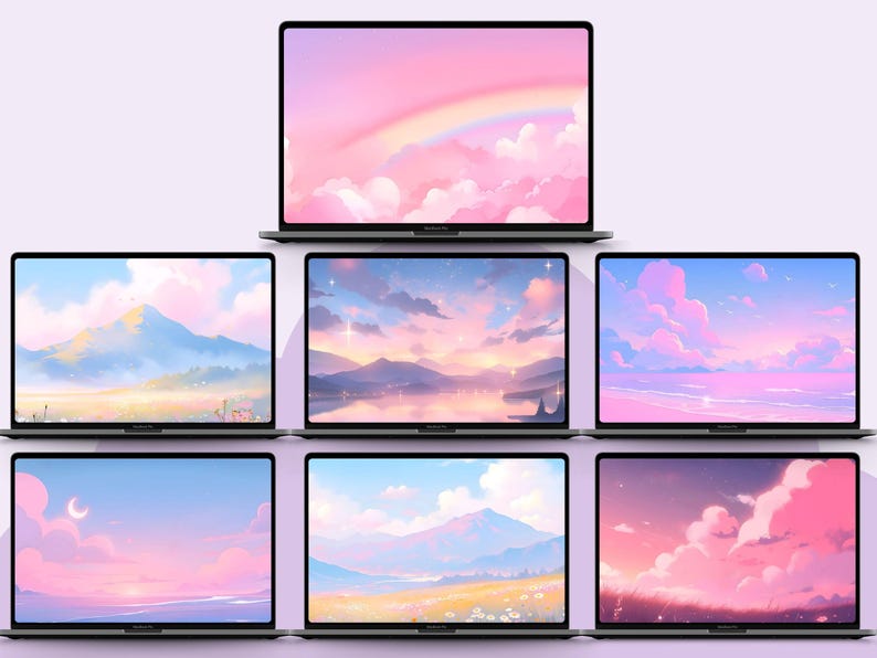 Op de afbeelding: Zeven laptops met digitale kunst van pastelkleurige landschappen. De schermen tonen sc&egrave;nes van bergen, wolken, regenbogen en water in roze, blauwe en paarse tinten. De laptops zijn gerangschikt op een lichtpaarse achtergrond.
