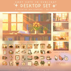 Peut inclure: Un ensemble de bureau numérique intitulé Cozy Cats in Sunlight comprenant 5 fonds d'écran et 50 icônes. Il présente des illustrations de chats dans des pièces ensoleillées, des plantes, des livres, des meubles et des curseurs de souris.