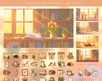 Cozy Cat Desktop Icons and Wallpaper Set Cute Desktop Organizer for Mac Windows Icon Pack Cozy Aesthetic Desktop Theme Cute Cat Wallpapers