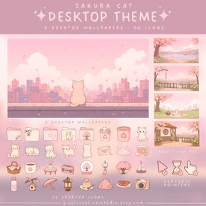 Puede incluir: Un conjunto de temas de escritorio digital titulado Sakura Cat que incluye cinco fondos de pantalla y cincuenta iconos. Los gráficos muestran una paleta de colores rosa claro con ilustraciones de gatos, cerezos, ciudades y objetos.