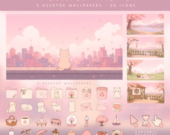 Sakura Cat Desktop Icons Pack Pink Desktop Theme Cherry Blossom Icons Sakura Cat Theme Kawaii Cat Windows Icons Mac Icons Pink Desktop Icons