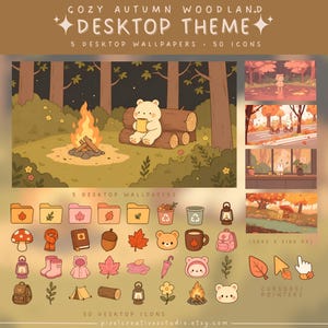 Könnte beinhalten: Ein Desktop-Themenset mit dem Titel COZY AUTUMN WOODLAND, bestehend aus 5 Hintergrundbildern und 50 Symbolen. Die Grafiken zeigen einen Bären am Lagerfeuer, Herbstlaub, Ordner, Pilze, Laternen und Cursor in einer warmen Farbpalette.