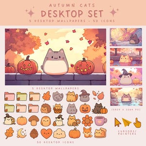 Autumn Cats Desktop Icon Set Cozy Fall Kawaii Cat Wallpapers and Folders Cute Kawaii Fall Aesthetic Desktop Icons Cozy Computer Decor