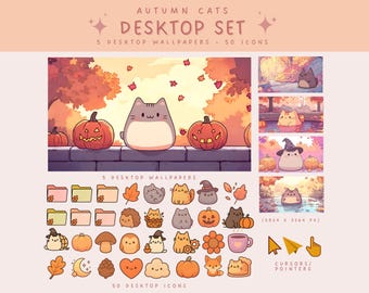 Ensemble d'icônes de bureau Chats automne automne cosy Fonds d'écran et dossiers de chats kawaii automne mignons icônes de bureau esthétiques automne kawaii cosy décoration d'ordinateur