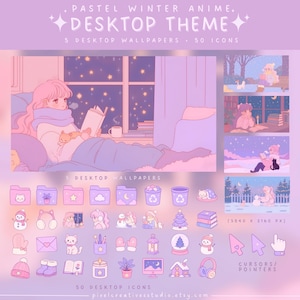 Puede incluir: Un conjunto de temas de escritorio digital con arte anime de invierno en tonos pastel. Incluye 5 fondos de pantalla, 50 iconos de gatos, ropa de invierno y plantas, además de cursores. El texto dice: PASTEL WINTER ANIME DESKTOP THEME.