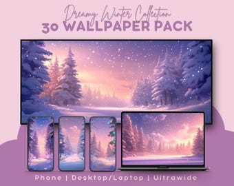 Dromerig winterbehangbundel kerstbehang sneeuwbehang vakantie achtergrond winter esthetiek ultrabreed behang winterachtergrond
