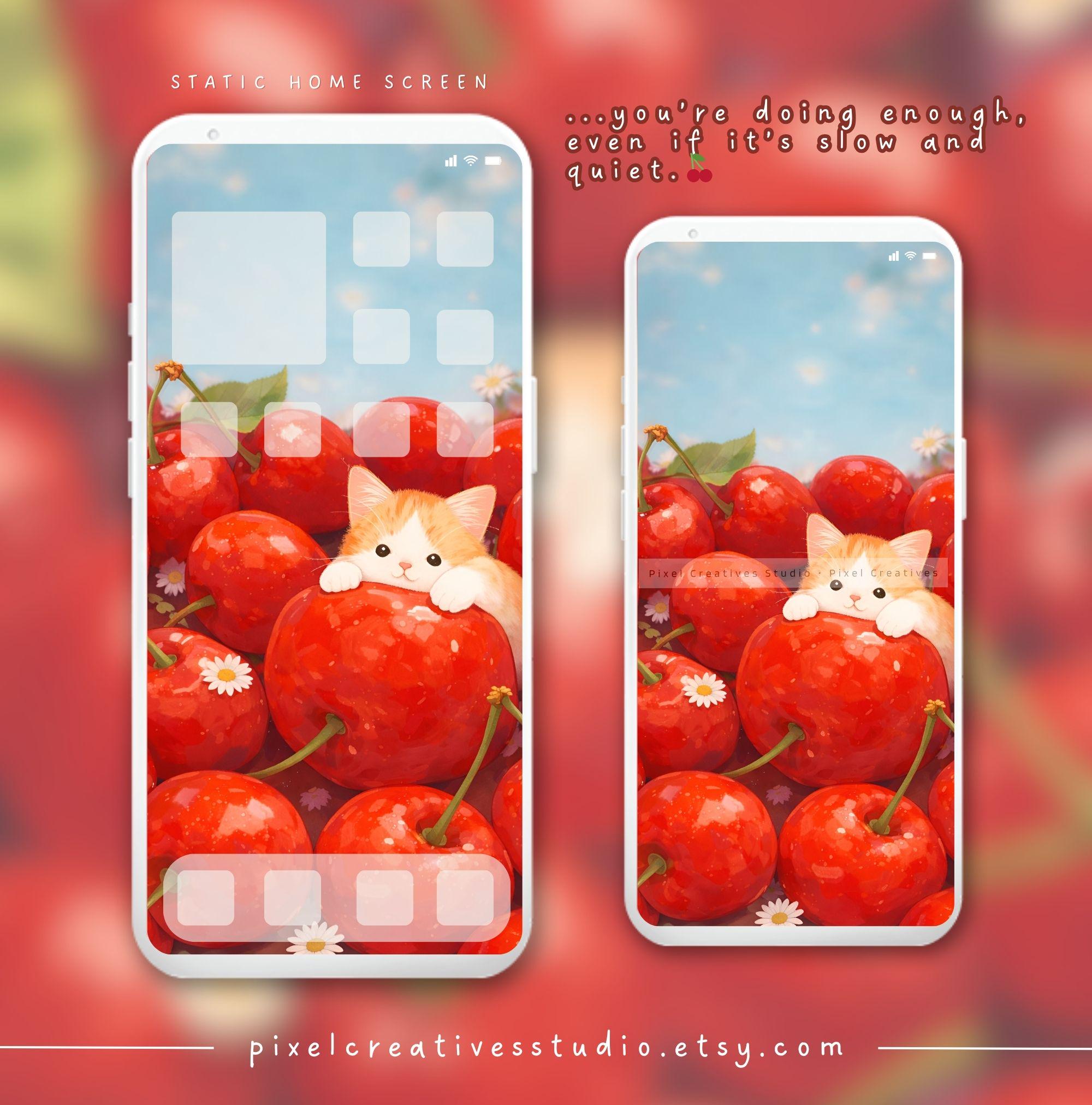 Cute Cat Cherry Animated Lock Screen Kawaii Cat Wallpaper Cherry ...