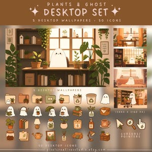 Könnte beinhalten: Ein digitales Desktop-Set mit dem Titel Plants & Ghost Desktop Set, bestehend aus 5 Hintergrundbildern und 50 Symbolen. Das Set enthält Illustrationen eines weißen Geistercharakters, verschiedener Topfpflanzen, Bücher, Möbel und Mauszeiger.