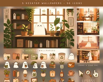 Plants & Ghost Desktop Wallpapers Cozy Desktop Theme Plant Desktop Icon Pack Ghost Wallpaper Cute Ghost Icons Mac icons Windows Icons
