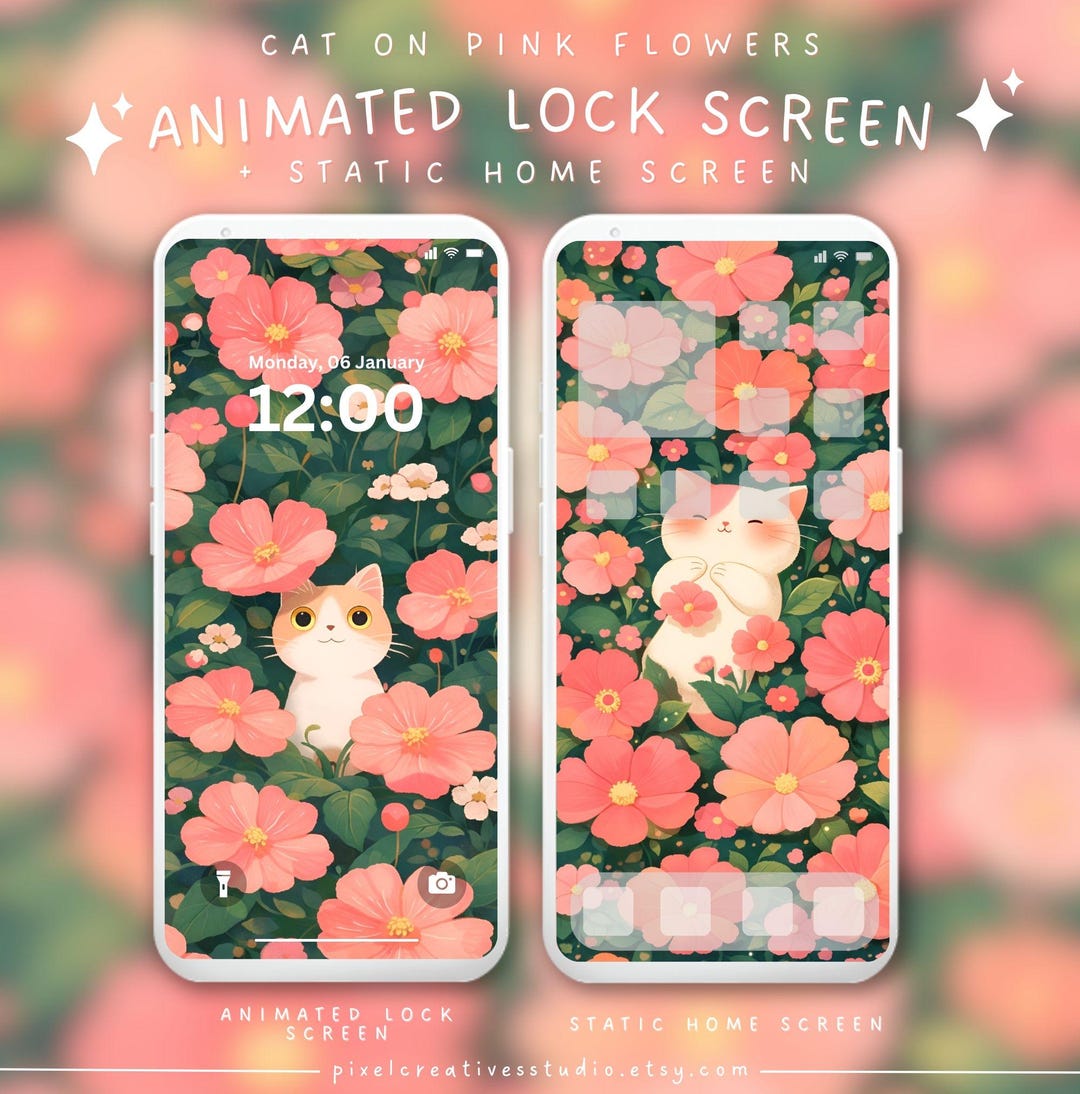 Cute Cat on Pink Flowers Aesthetic Wallpaper Kawaii Cat Phone Wallpaper ...