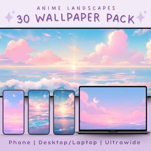 Op de afbeelding: Een digitaal kunstpakket met 30 anime-landschap wallpapers. De afbeelding toont een groot scherm met een zonsondergang boven de oceaan, met roze en blauwe wolken. Kleinere schermen van telefoons en een laptop tonen vergelijkbare ontwerpen. De tekst luidt "ANIME LANDSCAPES 30 WALLPAPER PACK".