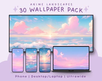 Anime landscape wallpaper pack pastel sky aesthetic wallpaper bundle dreamy cloud wallpapers for phone laptop desktop ultrawide backgrounds